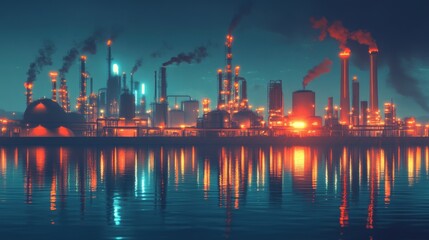 Naklejka premium Nighttime Industrial Refinery Reflecting On Water