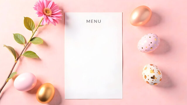 Elegant pastel pink Easter menu template with decorative golden eggs and a fresh flower, perfect for restaurant promotions, festive invitations, and holiday brunch event planning. Selective focus