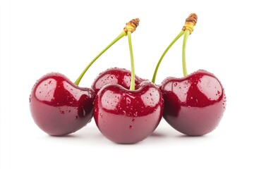 Fresh, glistening cherries with droplets of water on a white background, ideal for food photography
