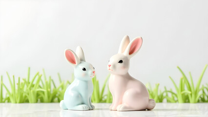 Fototapeta premium Cute pastel bunny figurines on a white surface with green grass in the background, perfect for Easter decorations, spring-themed designs, and festive creative projects. Selective focus