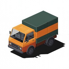 Isometric Illustration of Orange and Green Truck with Shadow.
