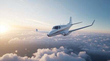 Obraz premium Luxury aircraft flying above the clouds during sunset in clear skies, capturing tranquility and freedom in the air