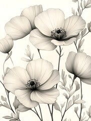 A background of hand-drawn flowers in simple black ink on a white base.