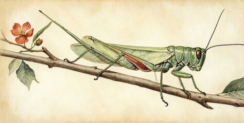 grasshopper on a branch, an old watercolor drawing