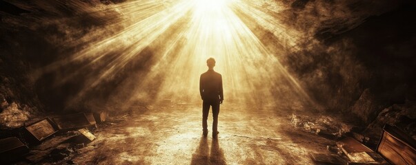 Obraz premium Silhouette of male in glowing cave with sunbeams and dust particles
