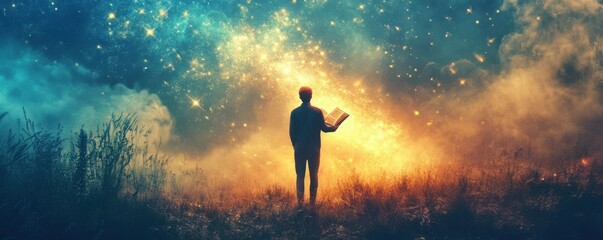 Young male exploring cosmic world with open book under starry sky at night