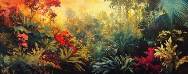 Obraz premium Lush vibrant jungle landscape with colorful foliage at sunset