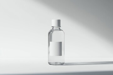 Transparent glass bottle of toner with minimalistic label isolated on the white background