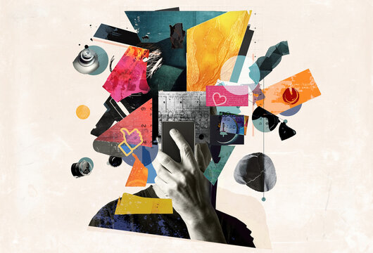 Digital overload and its impact on the human brain, showcasing fragmented thoughts, information overload. Abstract design art collage. Social media digital addiction, mental health, stress, anxiety