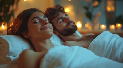 Fototapeta premium Relaxed couple enjoying wellness treatment at spa with candles behind