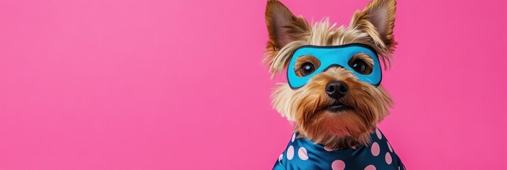 Fototapeta premium A dog dressed in a blue mask and polka dot outfit against a pink background.
