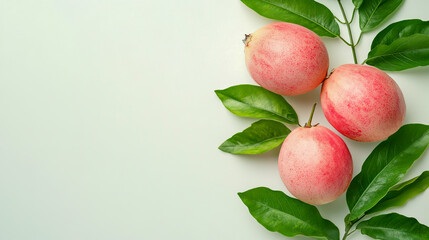 Ripe pink guava fruit with vibrant green leaves on a clean white background