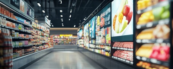 Modern supermarket aisle with bright displays and diverse food products