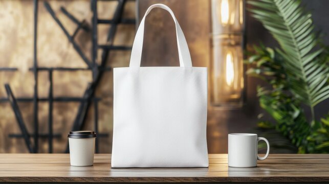 Minimalistic tote bag mock up concept for branding design. White tote bag with two coffee mugs on a wooden table in a cozy setting
