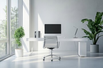 Modern Office Workspace with Large Windows and Minimalist Design