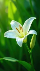 Obraz premium Elegant white lily blossom against vibrant green foliage, illustration, plant, green background