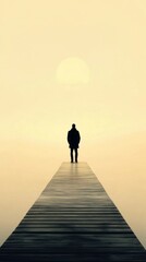 Silhouette of solitary person walking on wooden pier sunset
