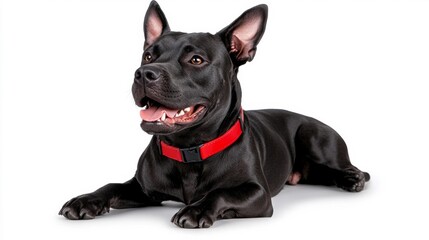 Fototapeta premium Smiling black dog with a red collar lying on a white background. Generative AI