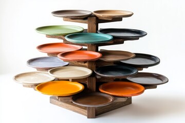 Multicolored Ceramic Plates on Wooden Display Stand