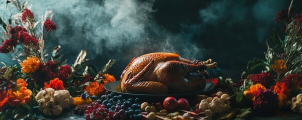 Roast turkey centerpiece with autumn flowers and fresh fruits