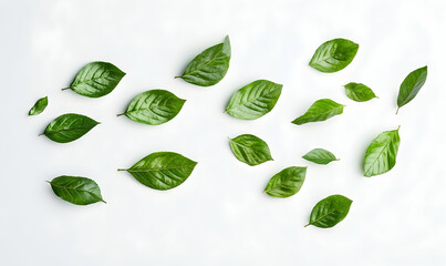 Flatlay of vibrant green leaves scattered on a light grey background.  Perfect for eco-friendly, nature, and spring themes.