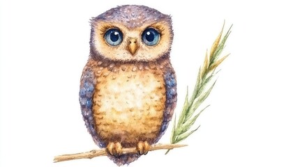 Naklejka premium A charming watercolor illustration of a cute owl perched on a branch with greenery in the background