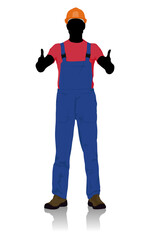 Obraz premium Silhouette of a Smiling Construction Worker Giving Double Thumbs Up Gesture. Vector Flat Style Illustration Isolated On White