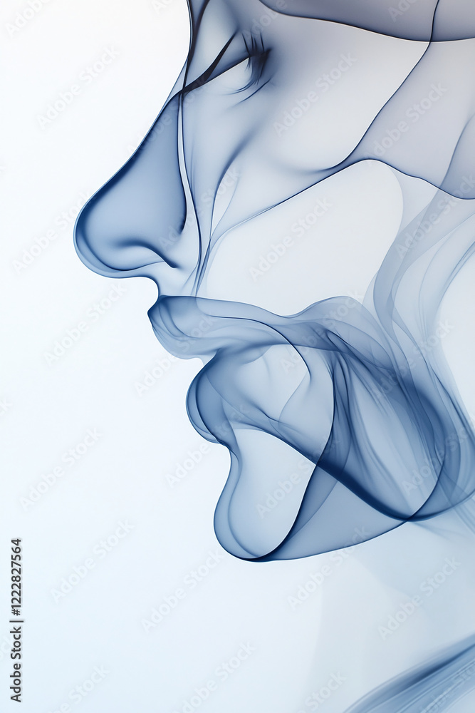 Poster abstract smoke in the form of a face silhouette in blue tones on a white background
