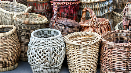A collection of various woven baskets in different sizes and colors.