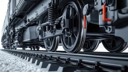 Fototapeta premium Close-up view of train wheels on tracks, showcasing engineering details and surrounding gravel (1)