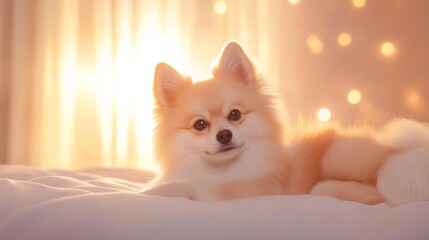 Obraz premium Pomeranian dog portrait on a soft bed with light bokeh background. Generative AI