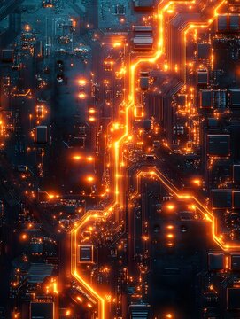 A background of interlocking circuit board patterns in luminous orange.