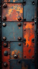 A background of industrial rivets and bolts arranged in geometric patterns.