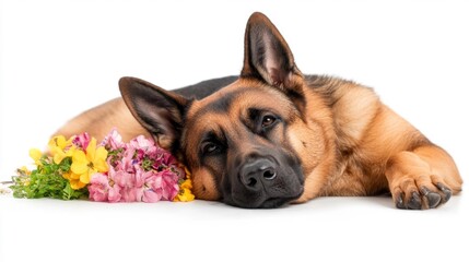 Obraz premium German Shepherd resting with flowers. Generative AI
