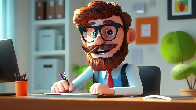 Cheerful Cartoon Businessman Working at His Desk