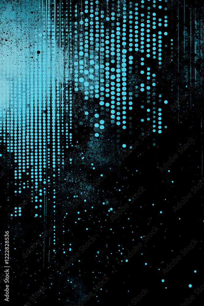 Poster abstract blue halftone dots on a grunge black background with artistic texture
