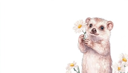 A cute, fluffy hedgehog holding a daisy flower against a white background, surrounded by more daisies