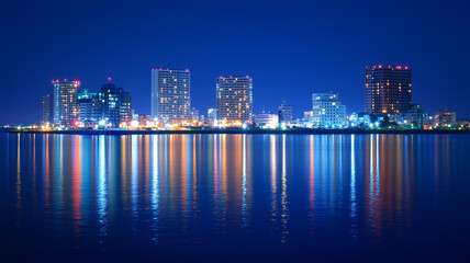 Obraz premium 高松市の高層ビルと瀬戸内海が織りなす夜景