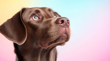 Adorable Labrador Retriever with blue eyes on colorful background. Generative AI