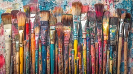 Obraz premium A collection of paintbrushes with various colors and styles, arranged against a textured background.