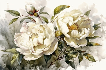 Obraz premium white peonies watercolor., watercolor style, Generative AI