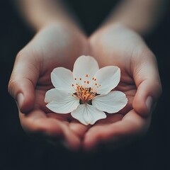 Delicate white flower gently cradled in hands.