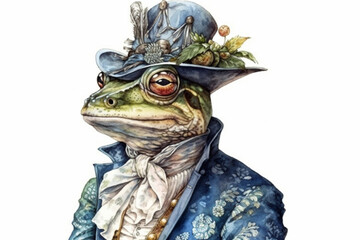 toad in a hat and frock coat., watercolor style, Generative AI