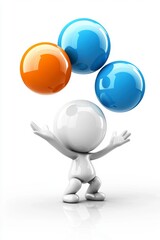 Juggling action of a character with colorful balls studio setting 3d animation bright environment dynamic perspective
