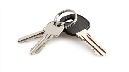 A set of keys on a keyring, including a black key and two silver keys.