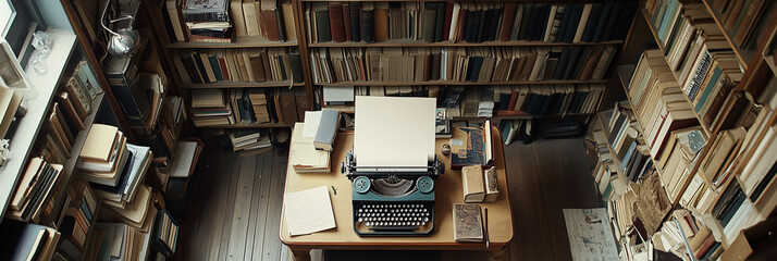 Blank paper framed by books and a typewriter on a rustic writer’s desk, top view. 