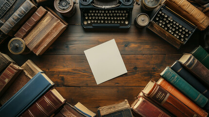 Typewriter and books framing an empty sheet, perfect for a text background.