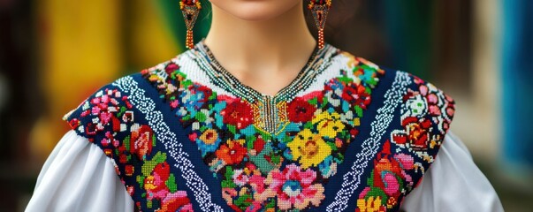 Colorful floral embroidered blouse with intricate designs on a young caucasian female