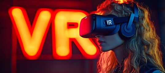 Woman with VR Headset Experiencing Immersive Technology, Neon Lights Gaming Entertainment Concept