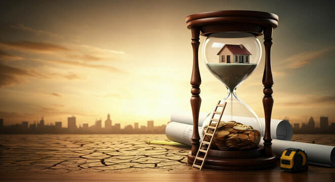 Hourglass with a house inside, symbolizing time and real estate investment